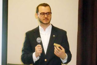 Reid Shepherd, community planner with the County of Frontenac at the Golden Links hall on April 13