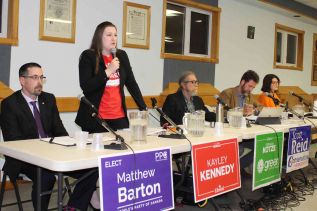 The candidates for the Lanark-Frontenac-Kingston riding at the Wednesday debate in Verona: Matthew Barton (PPC), Kayley Kennedy (Lib), Stephen Kotze (Green), Scott Reid (Cons) and Satinka Schilling (NDP). 